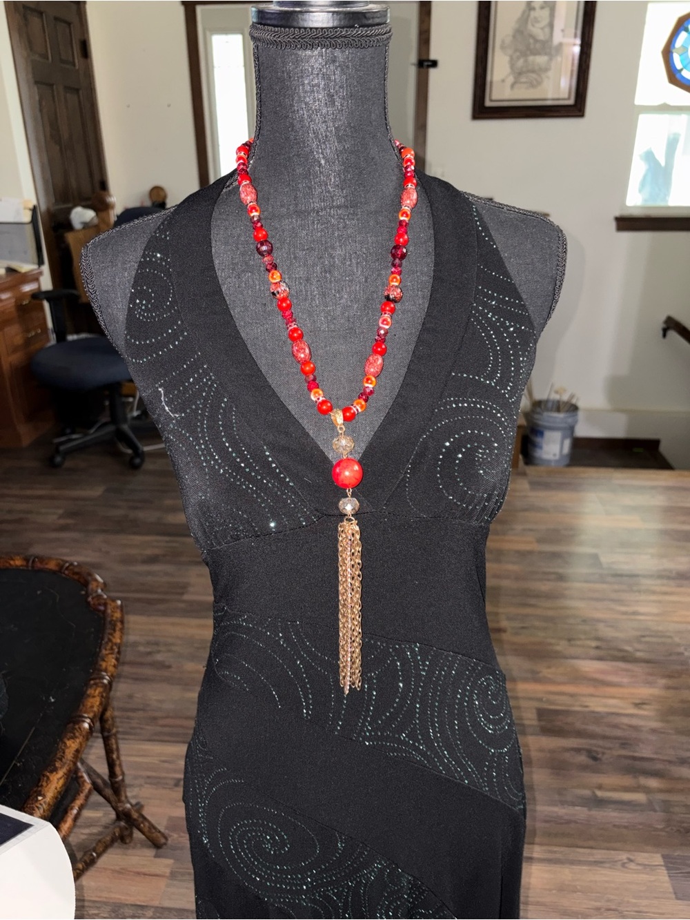 Red Beaded Tassel Necklace - Women Jewelry 20 inches